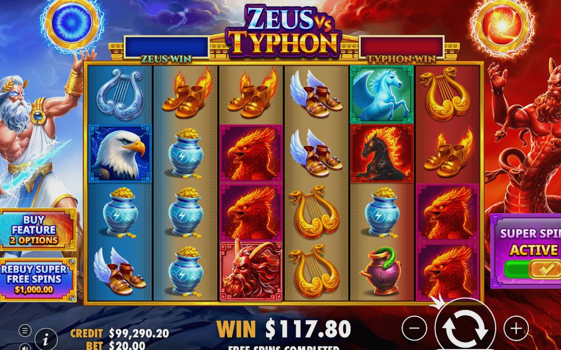 Base Game på 6x4-rutnätet med Zeus och Typhon-porträtt